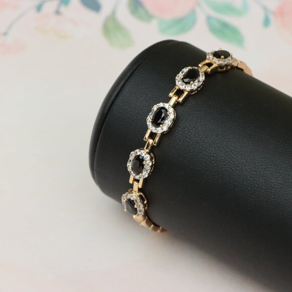 "Elegant Rose Gold Oval Black Stone Bracelet with Crystal Halos, XPBL0736 - Picture 11 of 12